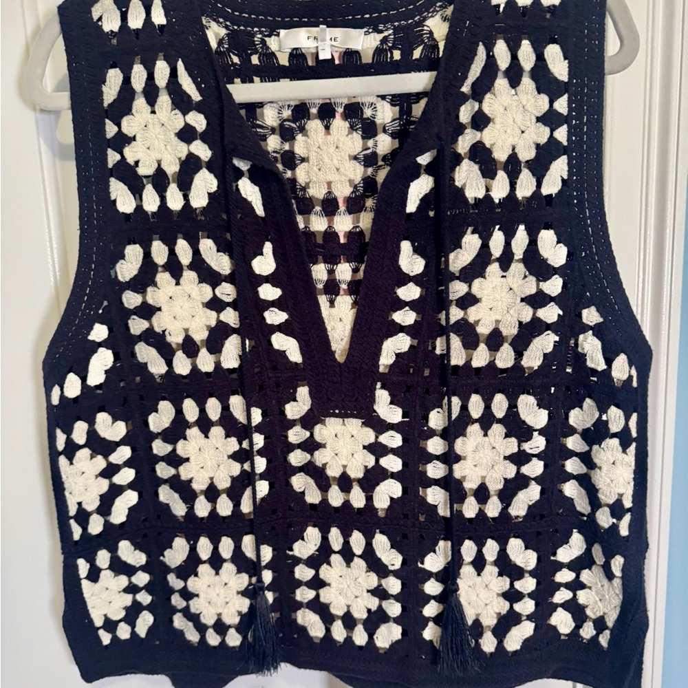 Frame Denim Black and White Crochet Top